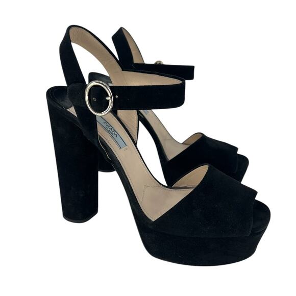 Prada Suede Platform Peep Toe Heels in Black - Picture 5 of 14